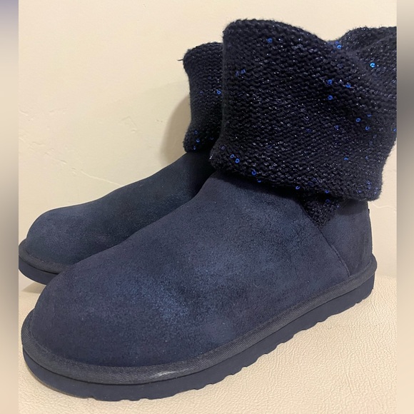 - UGG Australia Nyla  Navy Blue Suede Sparkle Knit Boots Women’s Size 9 - Picture 2 of 11